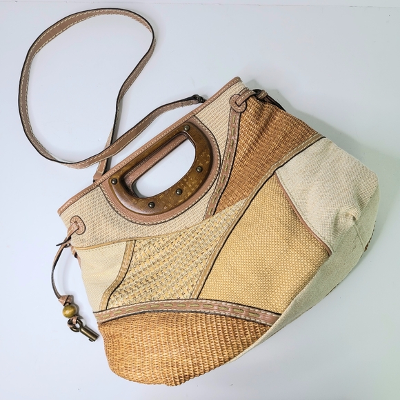 Fossil Patchwork Stitch Large Brown Clutch Crossbody Bag - Picture 11 of 13